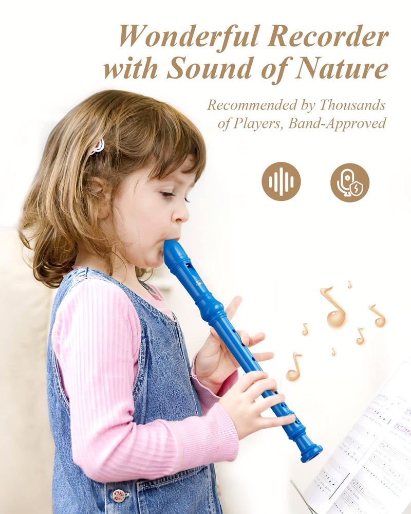 Eastar Soprano Recorder Instrument for Kids Beginners, German Fingering C Key with Cleaning Kit, Thumb Rest, Cotton Bag, Fingering Chart, ERS-21GB, Blue, School-Approved - Image 2